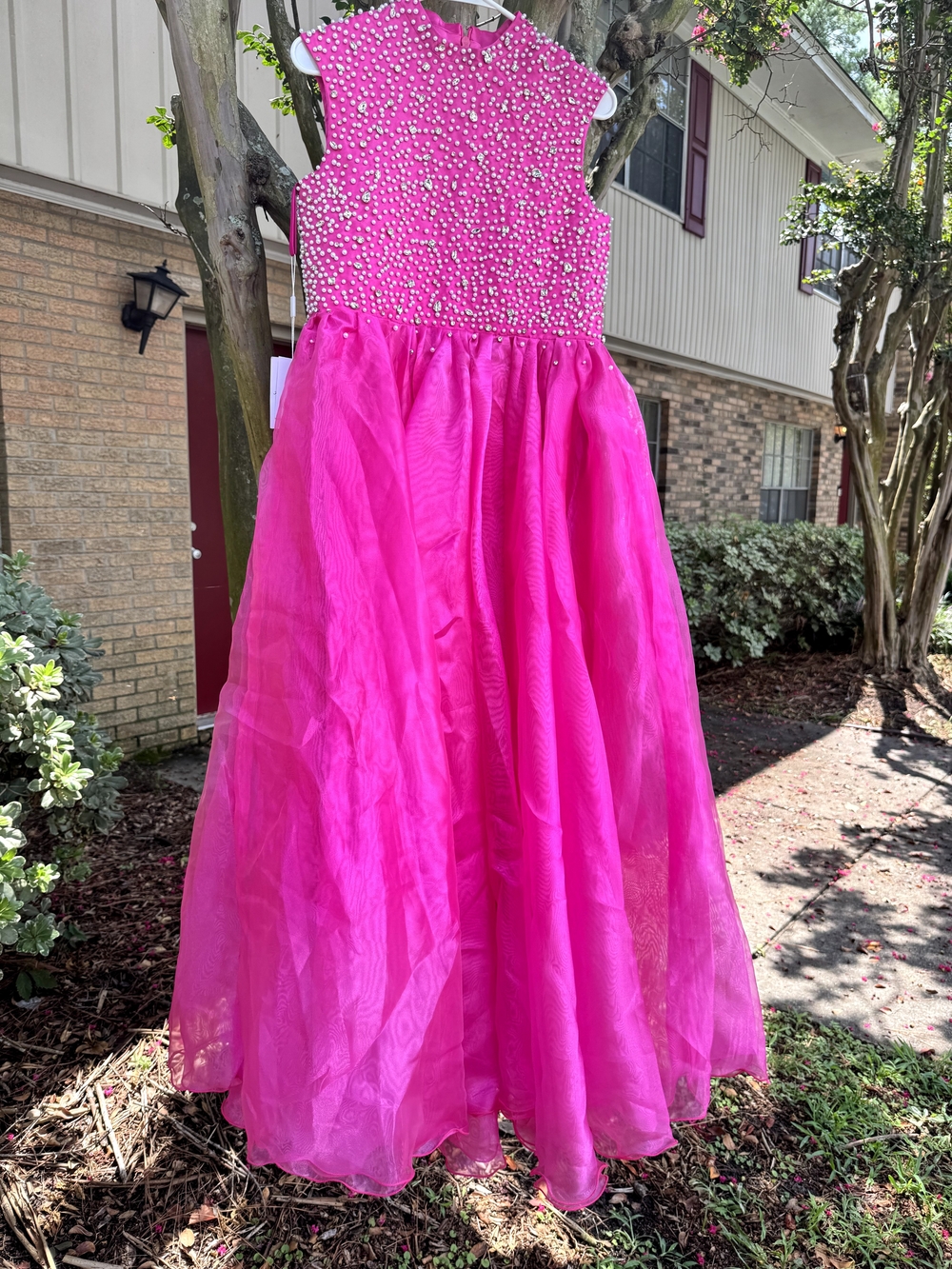 Girls' Hot Pink Beaded Tulle Formal Dress